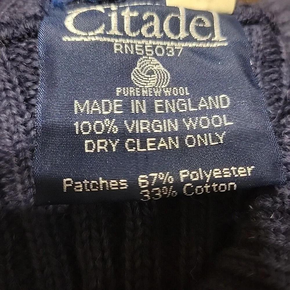 Vintage Citadel Sweater Adult 35 Blue  Wool V-Neck Long‎ Sleeve Elbow Pads